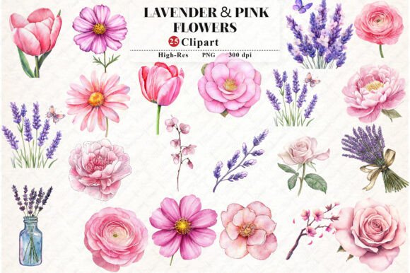 Download Lavender &amp; Pink Flowers Watercolor - Flowers Collection