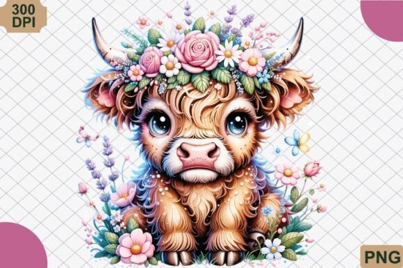 Download Boho Highland Cow and Pink Flowers PNG - Flowers Collection
